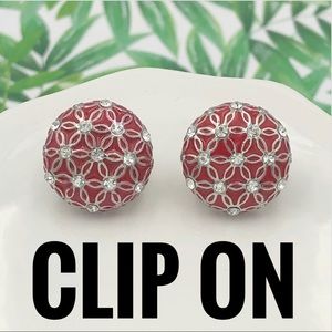 Red Enamel Rhinestone Button Clip On Earrings